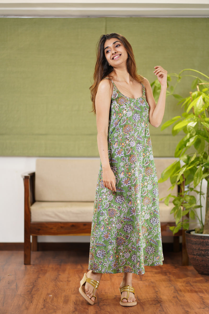 Clovia Sanganeri Green Cotton Dress