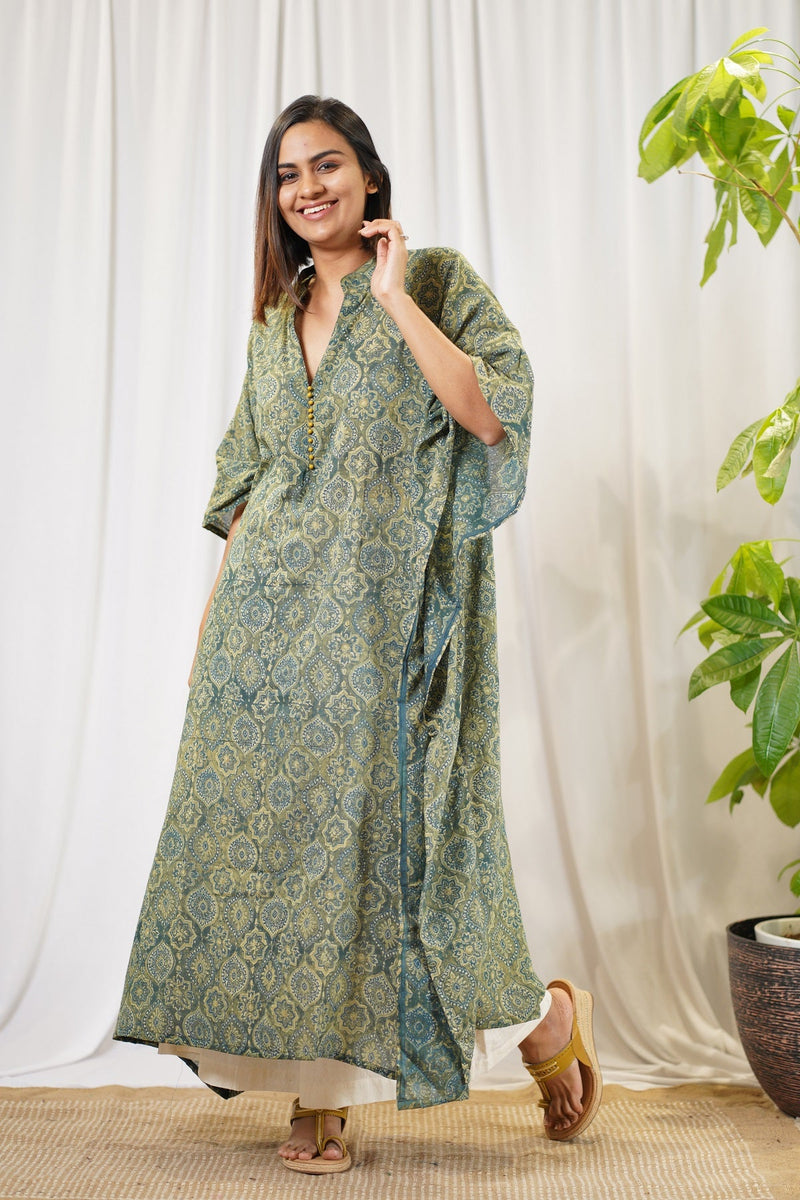 Green Geometric Ajrakh Mul Cotton Kaftan