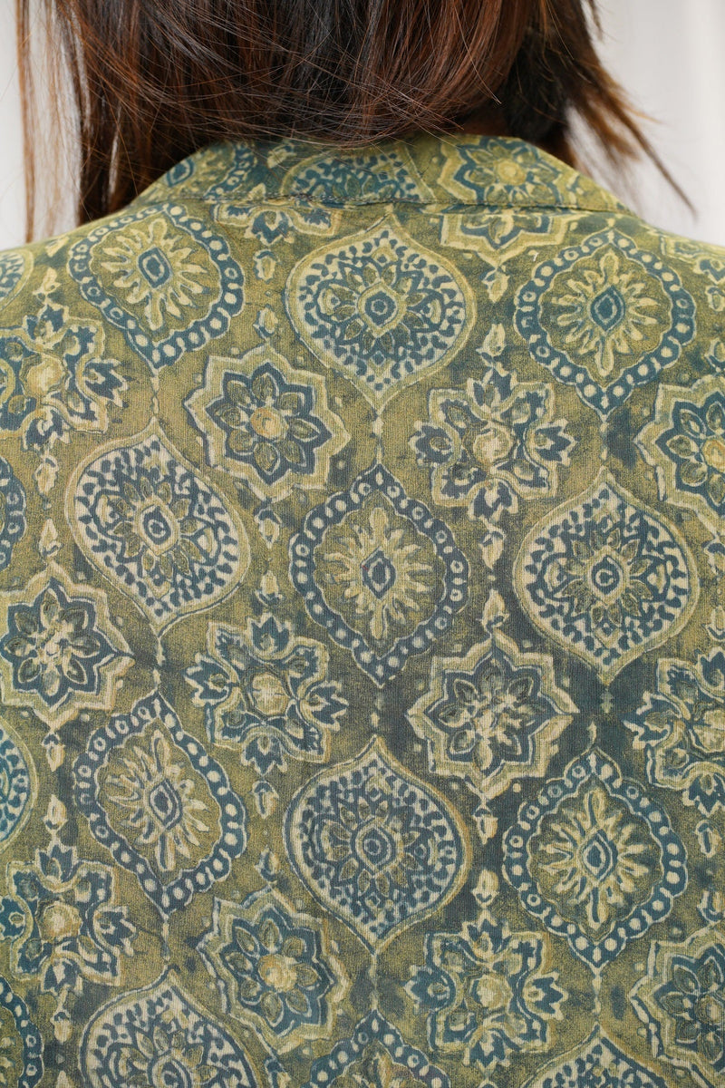 Green Geometric Ajrakh Mul Cotton Kaftan