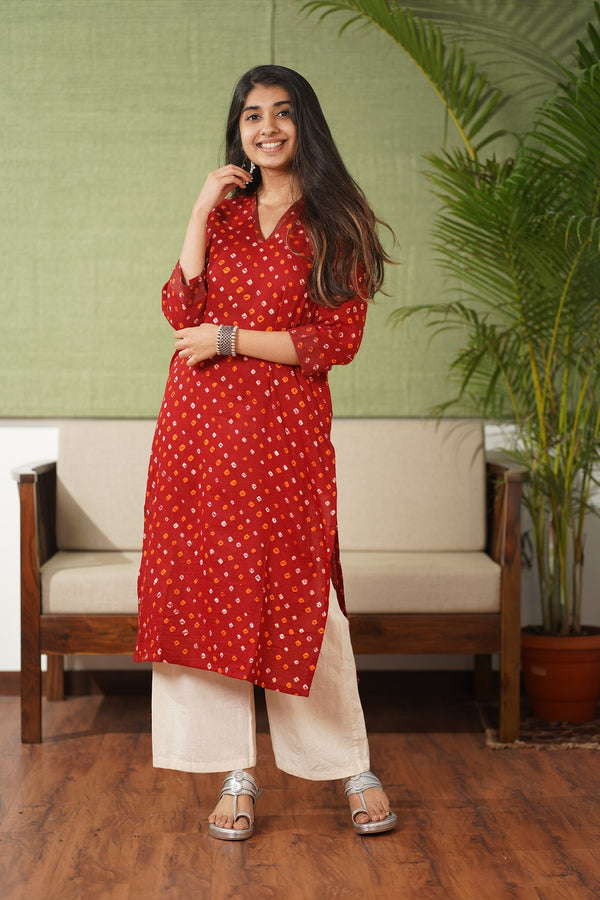 Red Bandhej Threadwork Kurta