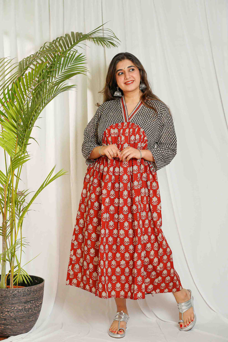 Indian Ethnic Women's Cotton Dress Maxi, Pleated Dress, Block