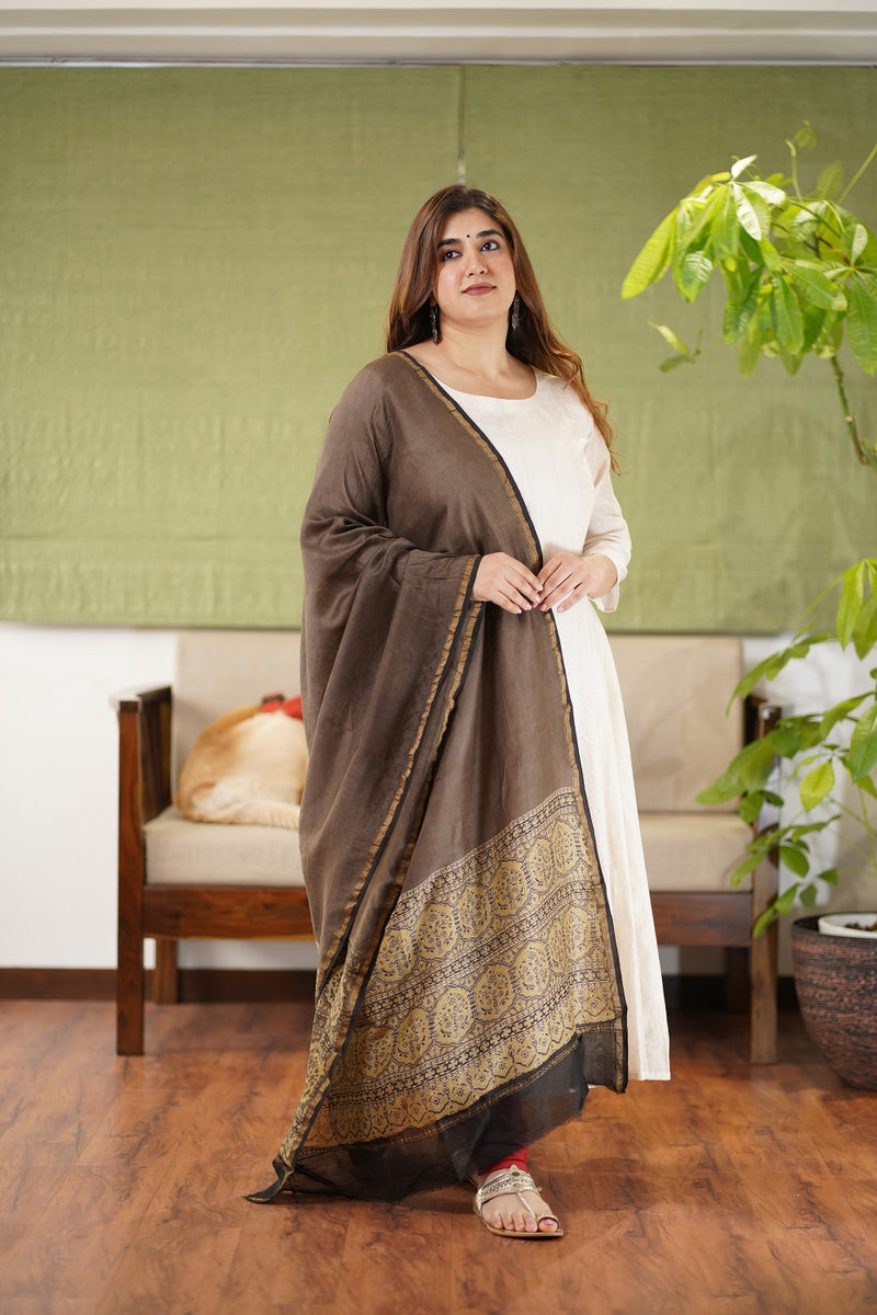 Brown Floral Border Ajrakh Chanderi Dupatta