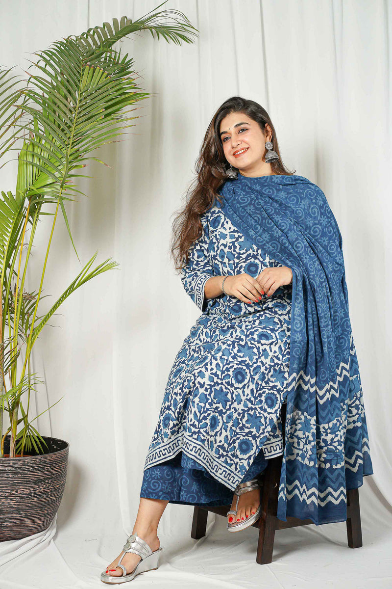 Indigo Dabu Cotton Unstitched Kurta + Dupatta