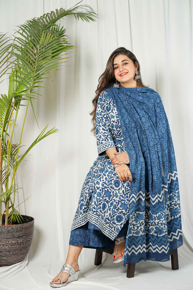 Indigo Dabu Cotton Unstitched Kurta + Dupatta