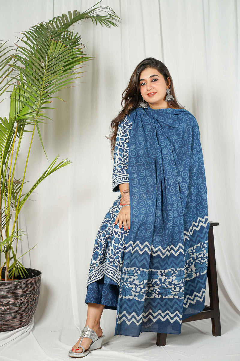 Indigo Dabu Cotton Unstitched Kurta + Dupatta