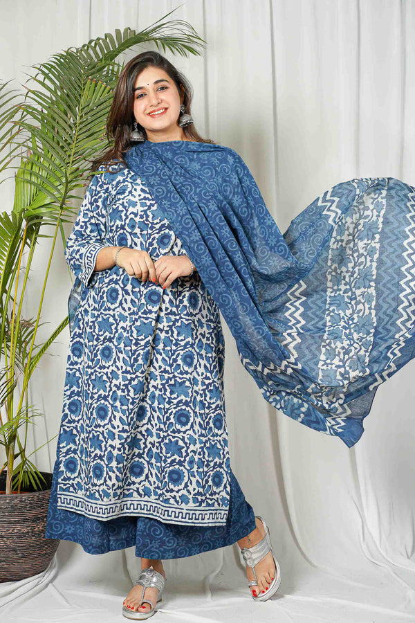 Indigo Dabu Cotton Unstitched Kurta + Dupatta