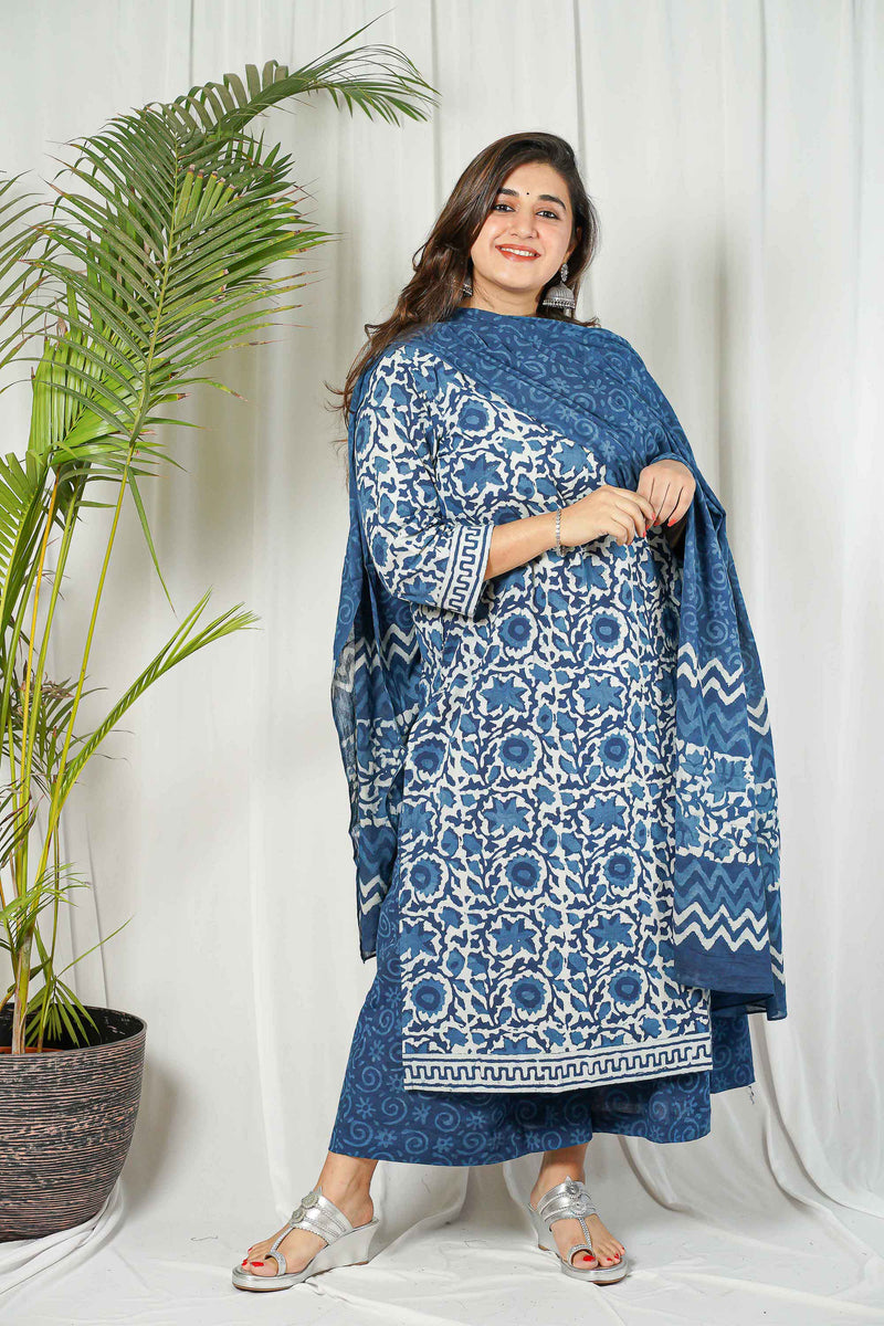 Indigo Dabu Cotton Unstitched Kurta + Dupatta