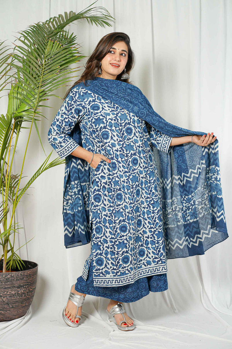 Indigo Dabu Cotton Unstitched Kurta + Dupatta