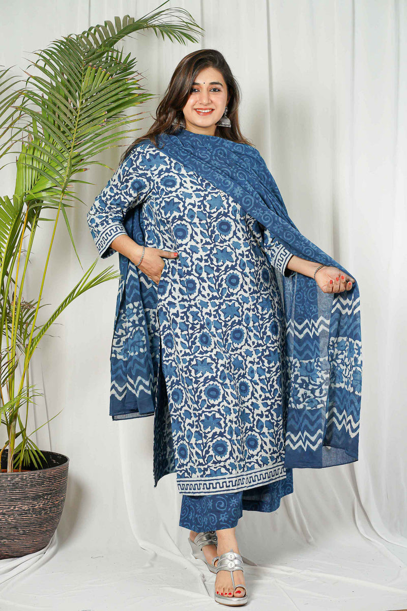 Indigo Dabu Cotton Unstitched Kurta + Dupatta