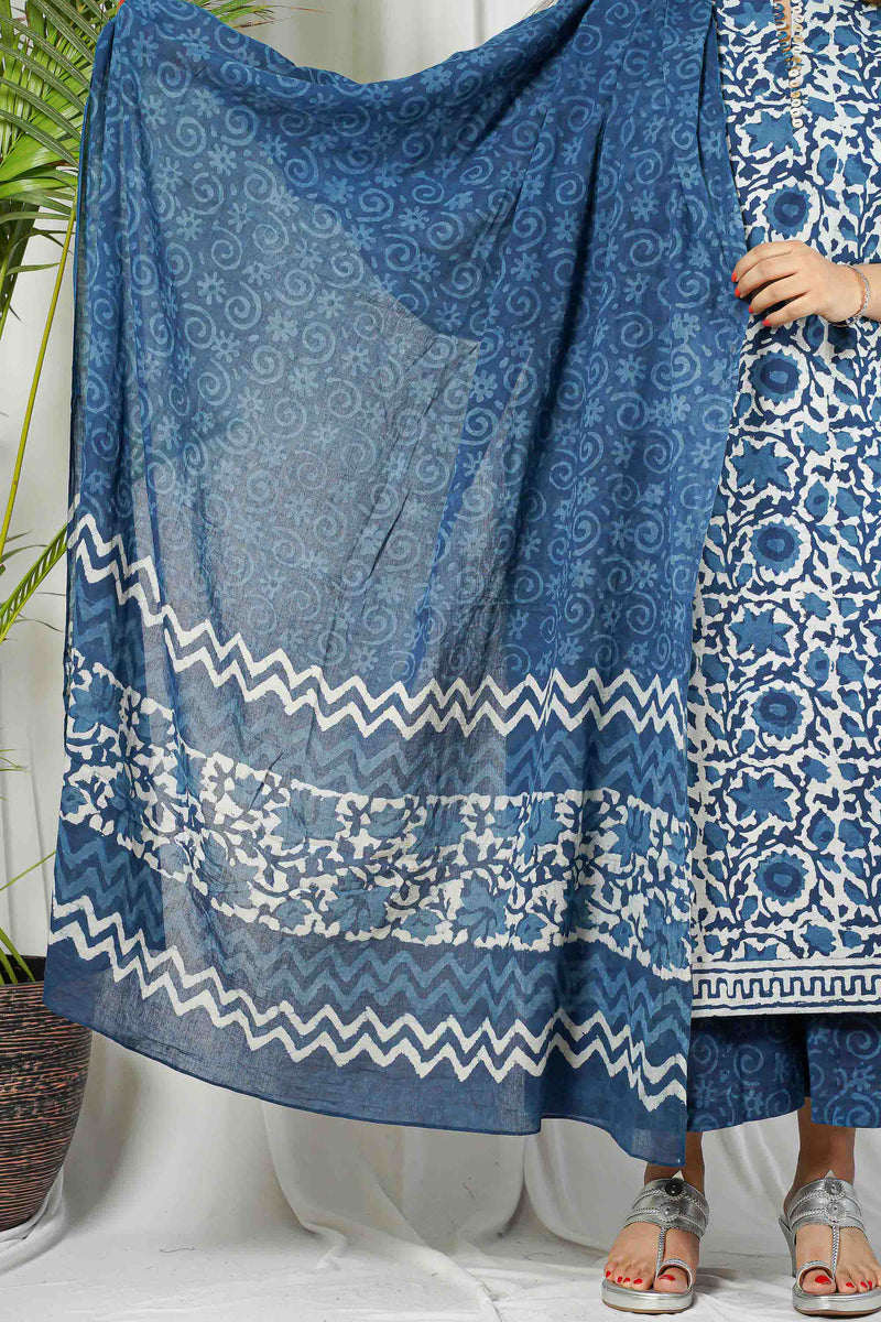 Indigo Dabu Cotton Unstitched Kurta + Dupatta