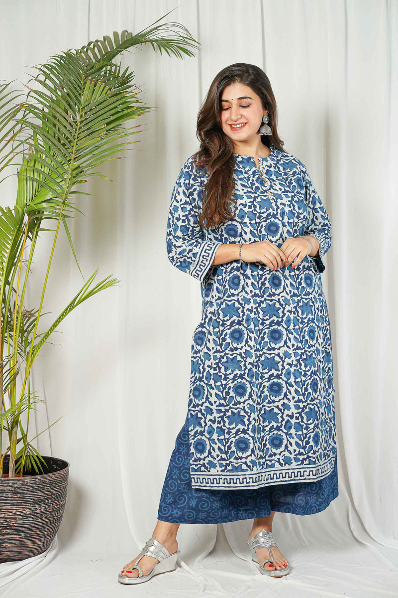 Indigo Dabu Cotton Unstitched Kurta + Dupatta