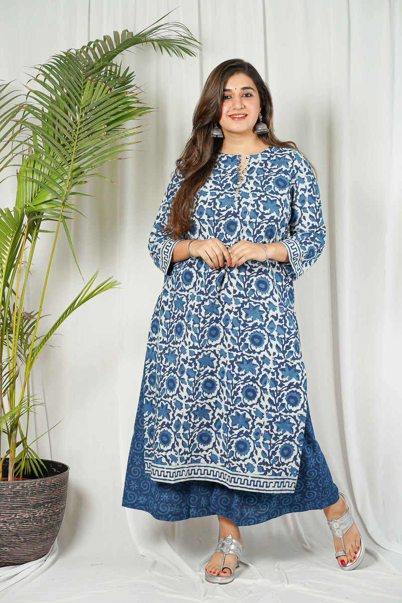 Indigo Dabu Cotton Unstitched Kurta + Dupatta