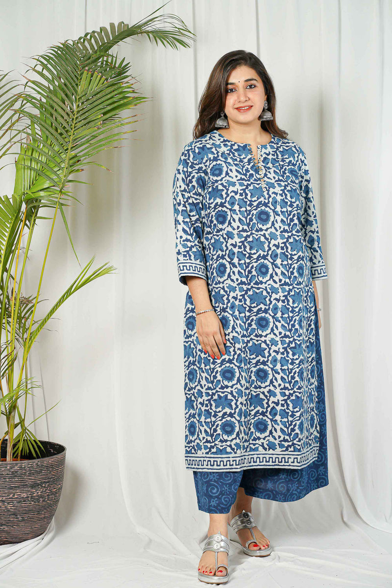 Indigo Dabu Cotton Unstitched Kurta + Dupatta