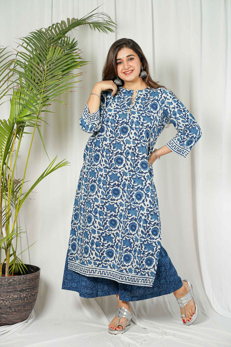 Indigo Dabu Cotton Unstitched Kurta + Dupatta