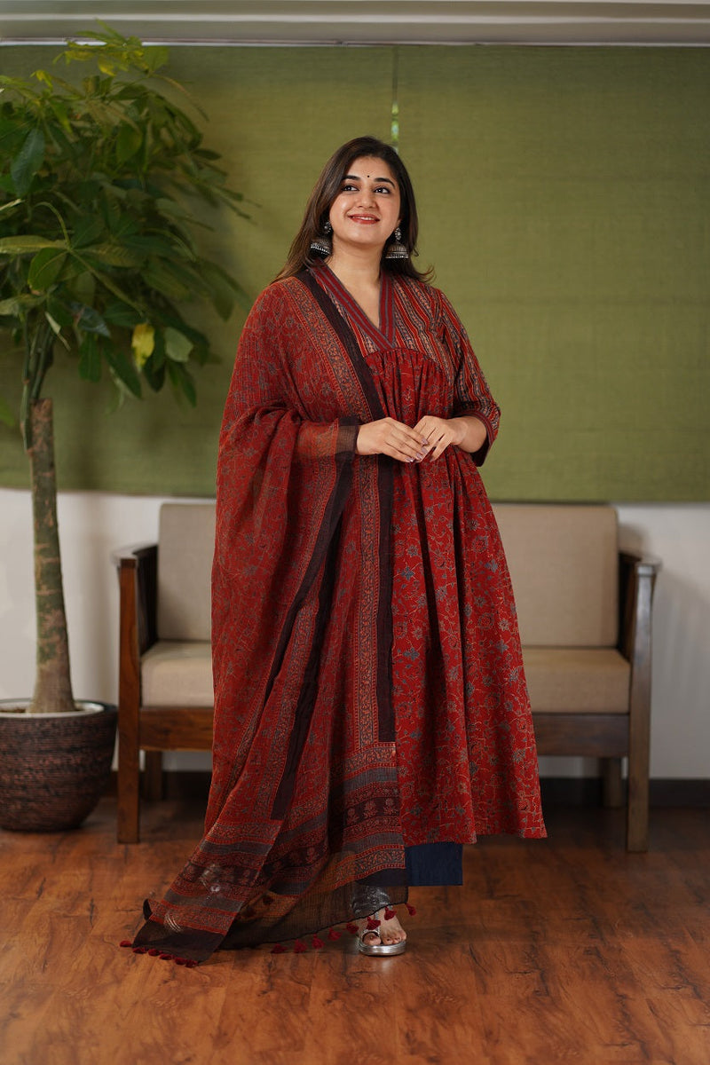 Reeti Red Ajrakh Pleated Cotton Kurta