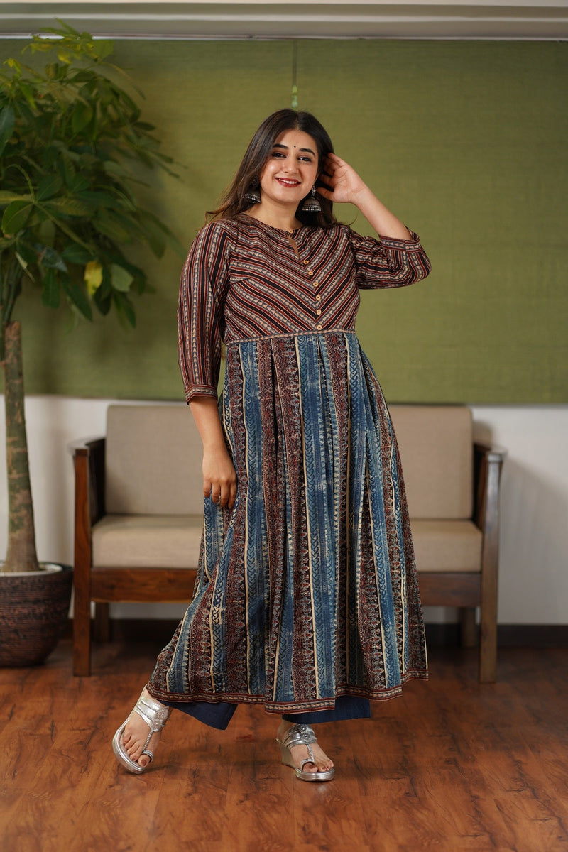 Maisha Indigo Pleated Ajrakh Cotton Kurta