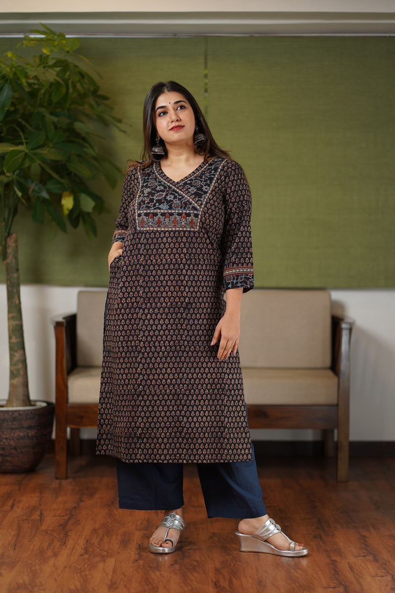 Zoya Black Patchwork Ajrakh Cotton Kurta
