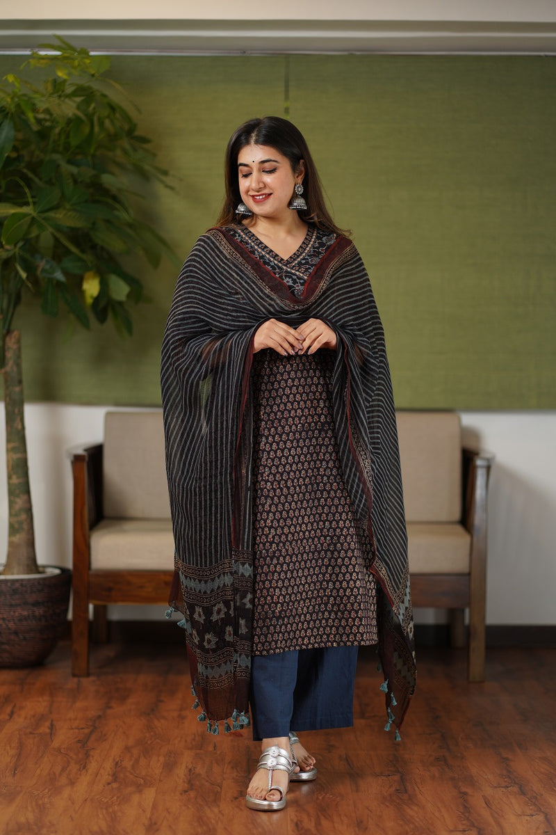 Zoya Black Patchwork Ajrakh Cotton Kurta