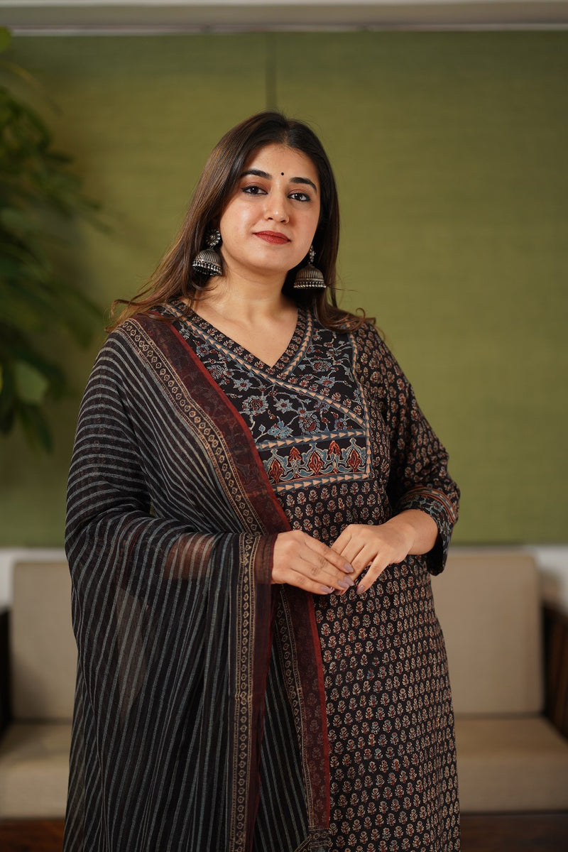 Zoya Black Patchwork Ajrakh Cotton Kurta