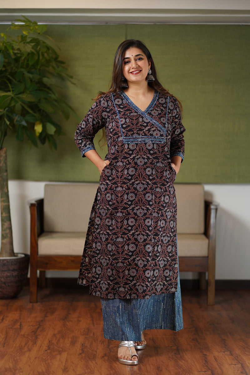 Black & Indigo Floral Jaal Ajrakh Cotton Kurta Set