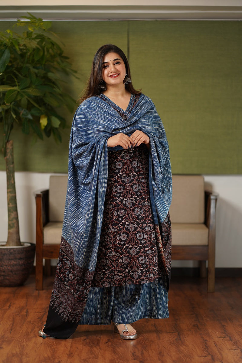 Black & Indigo Floral Jaal Ajrakh Cotton Kurta Set