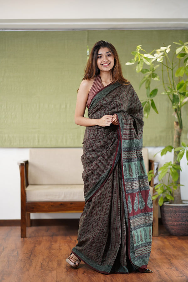 Chanderi Handloom Silk Cotton Saree - www.indethnic.com