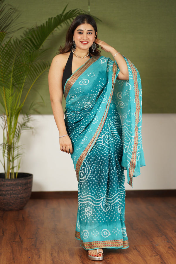 Sea Green Shaded Mul Cotton Bandhej Saree | Relove