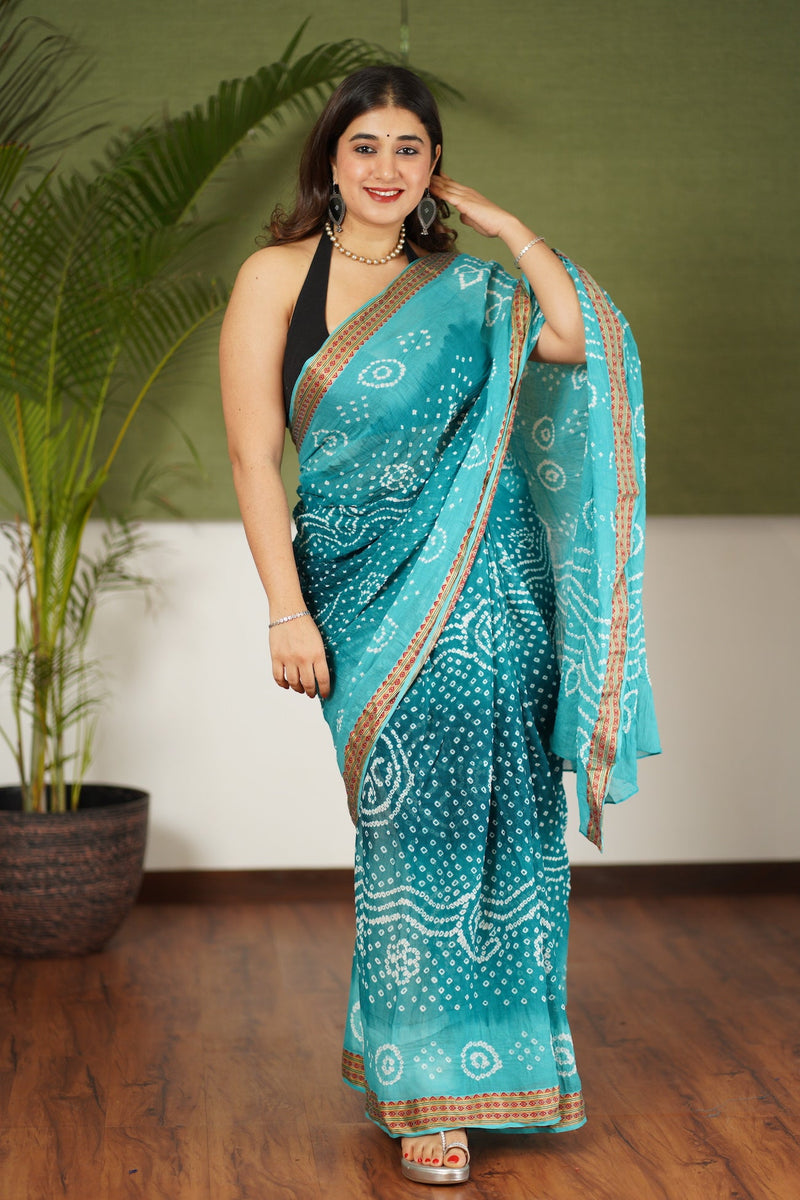 Sea Green Shaded Mul Cotton Bandhej Saree | Relove