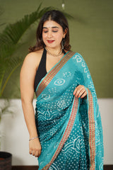 Sea Green Shaded Mul Cotton Bandhej Saree | Relove