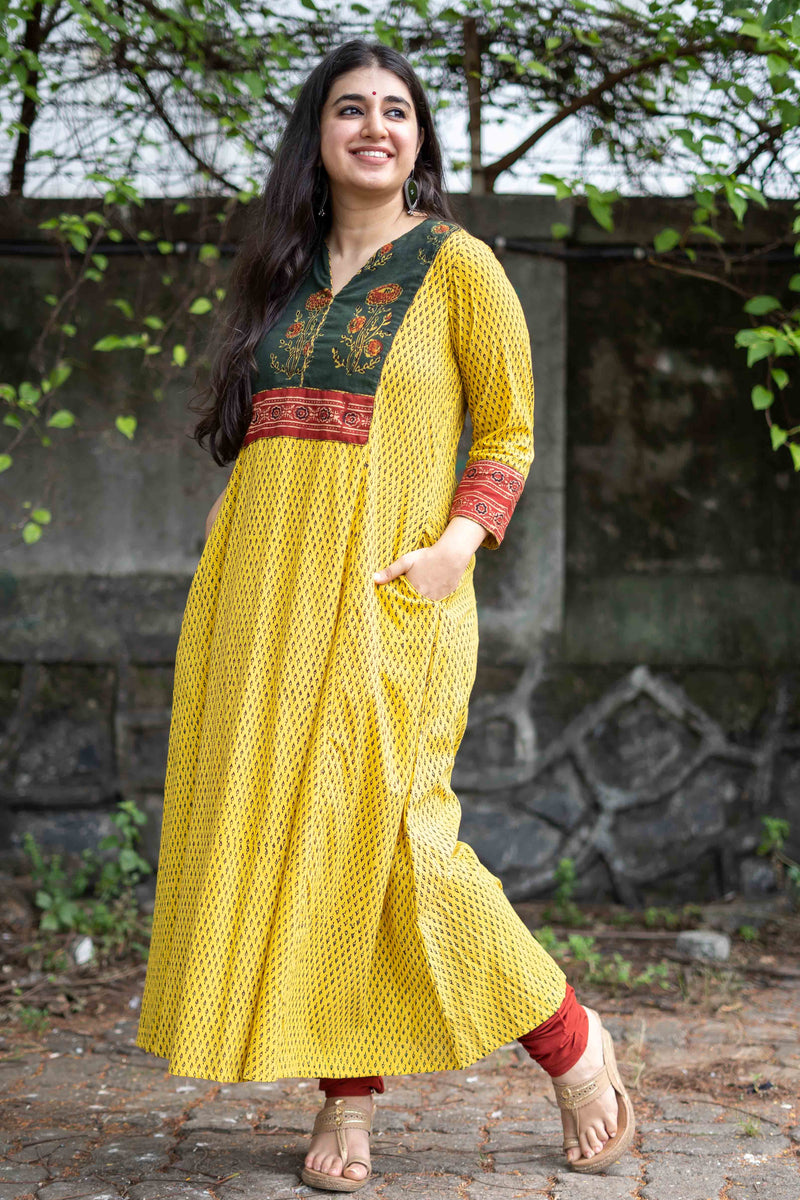 Tarana Mustard Ajrakh Kalidar Kurta