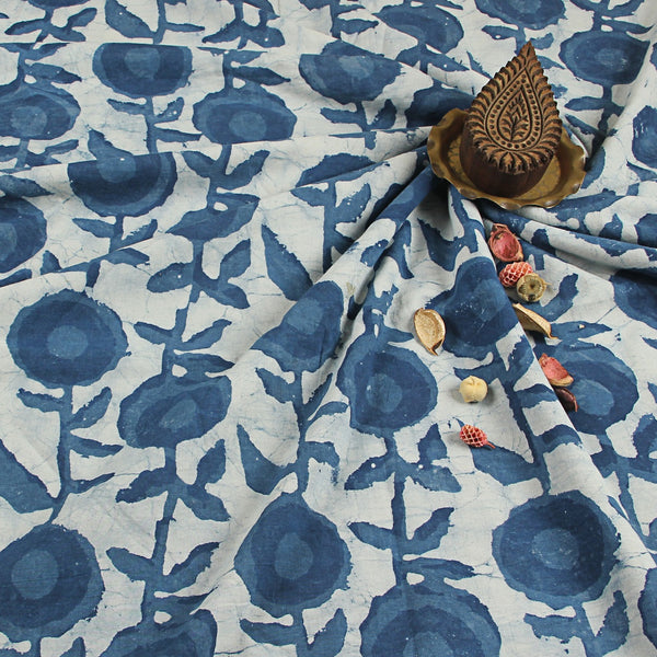 Dabu Indigo Phool Hand Block Printed Cotton Fabric