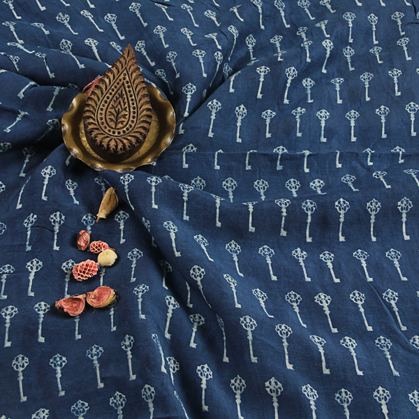 Dabu Indigo Viscose Silk Hand Block Printed Fabric
