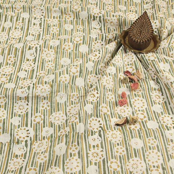 Kalamkari Floral Stripes Hand Block Printed Cotton Fabric