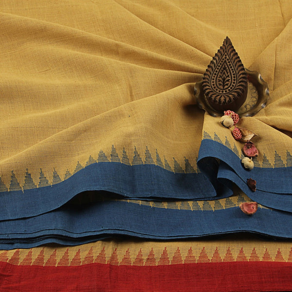 Organic & Natural Dyed Dusky Brown Malkha with Indigo & Madder Border Fabric
