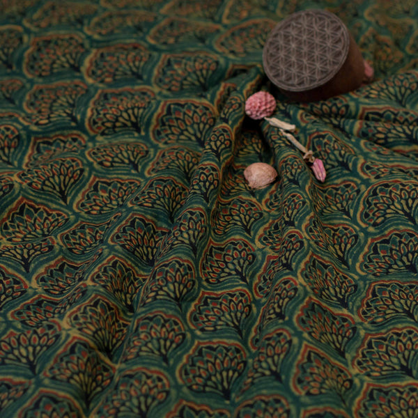 Natural Dyed Green - Red Peacock Feather Jaal Ajrakh Cotton Fabric