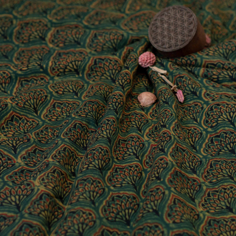 Natural Dyed Green - Red Peacock Feather Jaal Ajrakh Mul Cotton Fabric