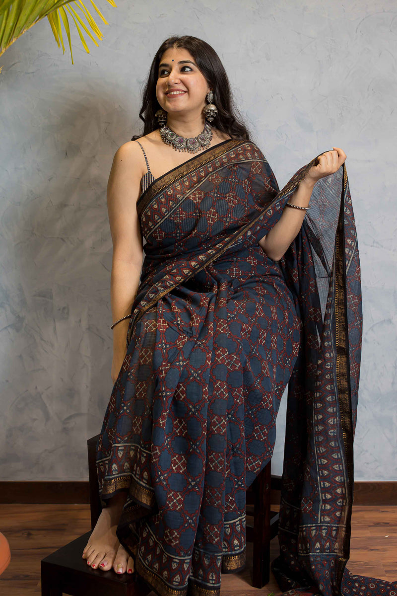 Ajrakh Maheshwari Silk Natural Dyed Saree