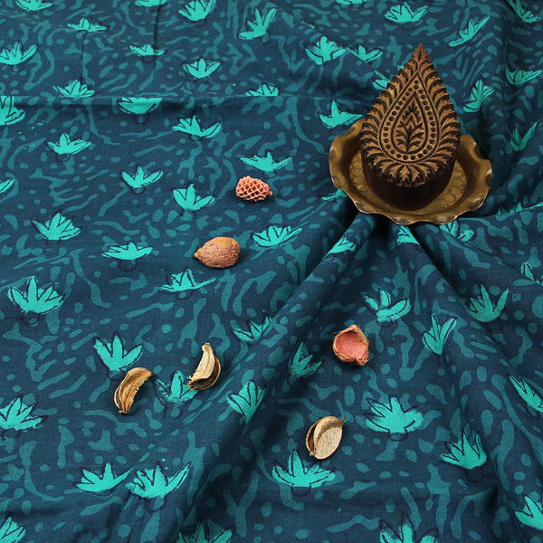Dabu Teal Floral Jaal Hand Block Printed Cotton Fabric