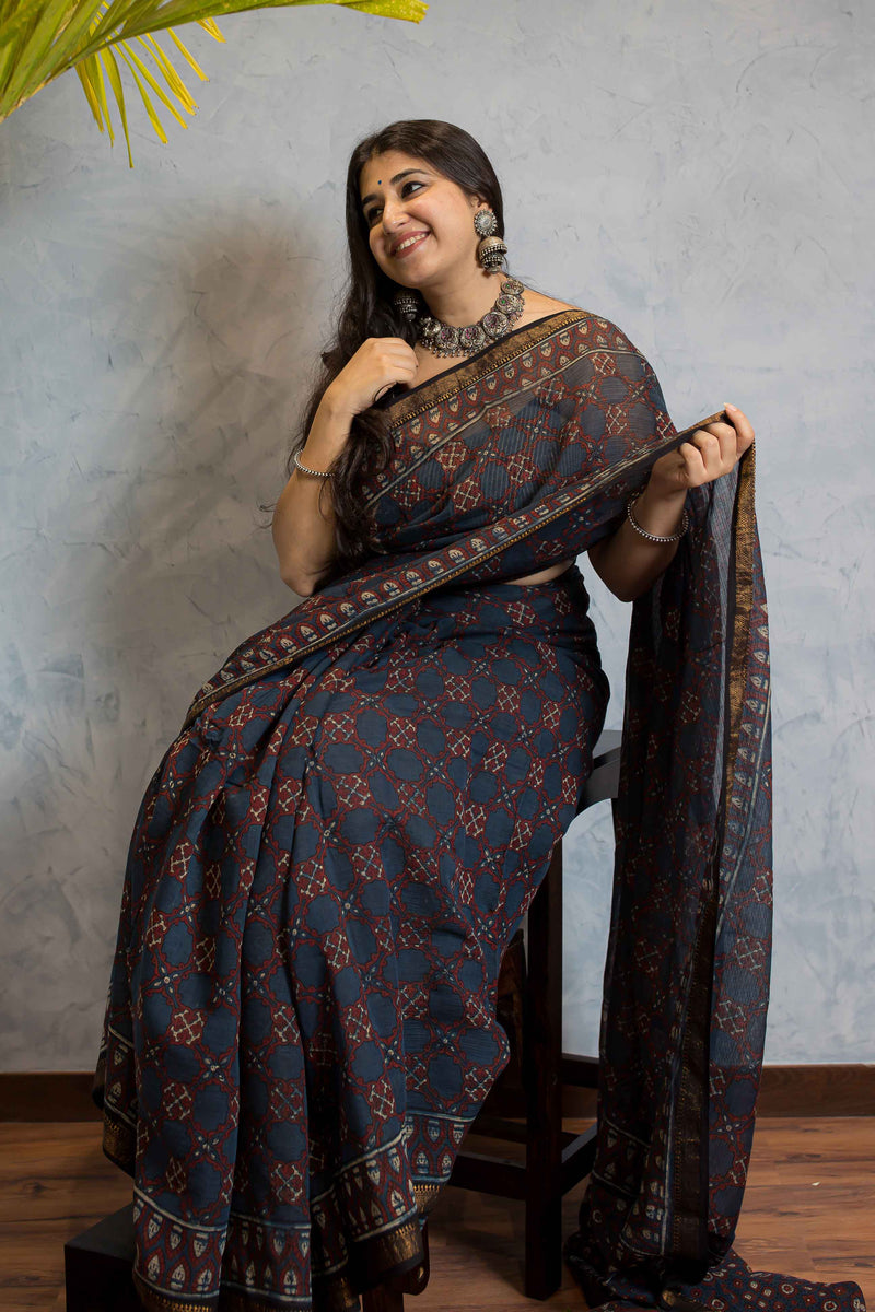 Ajrakh Maheshwari Silk Natural Dyed Saree