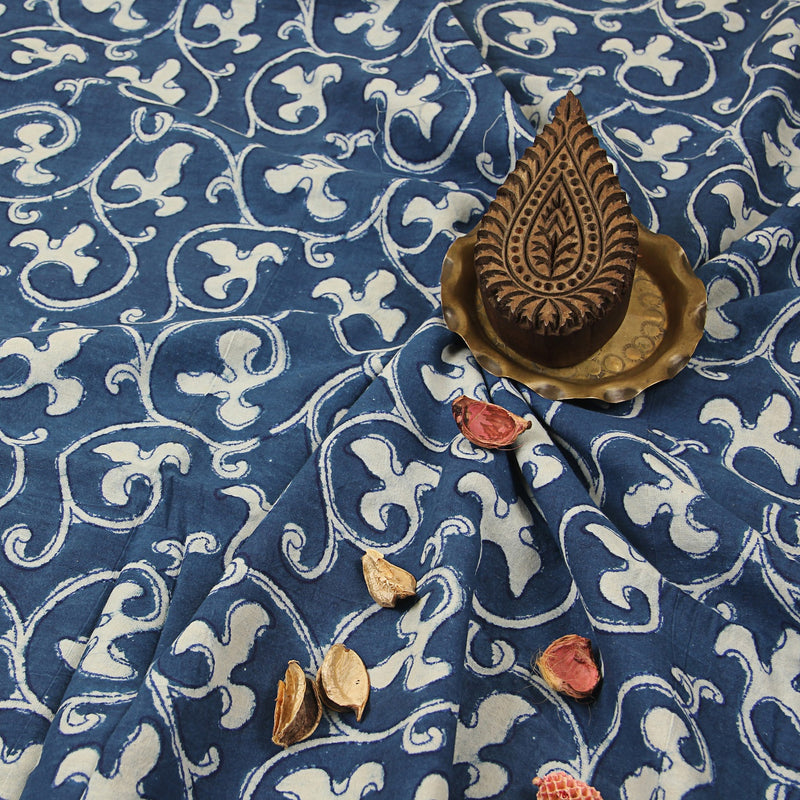 Dabu Indigo Phool Jaal Hand Block Printed Cotton Fabric