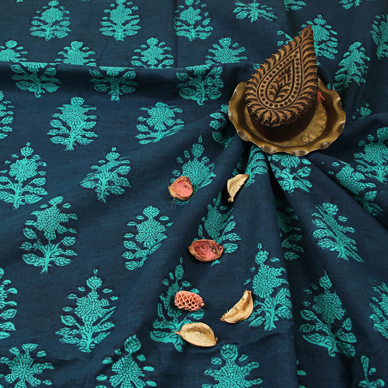 Dabu Indigo Floral Butti Hand Block Printed Cotton Fabric