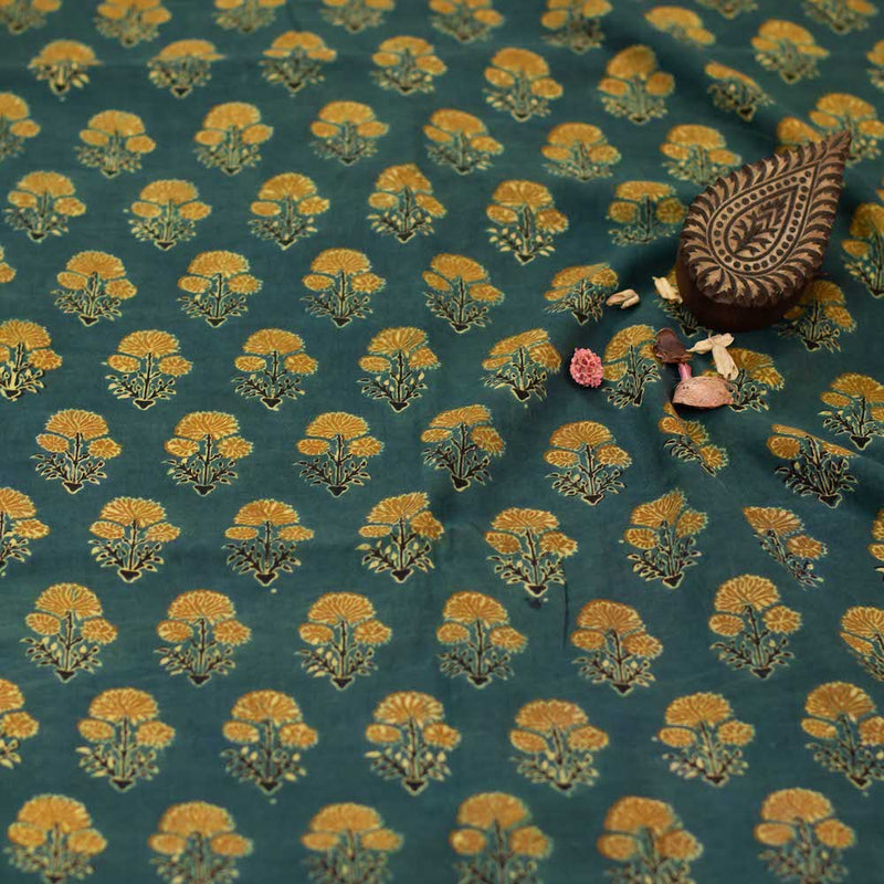 Ajrakh Henna Mustard Dahlia Cotton Fabric