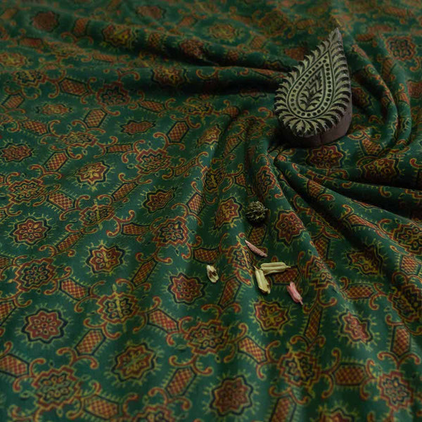 Green & Yellow Ajrakh Mul Cotton Natural Dyed Fabric