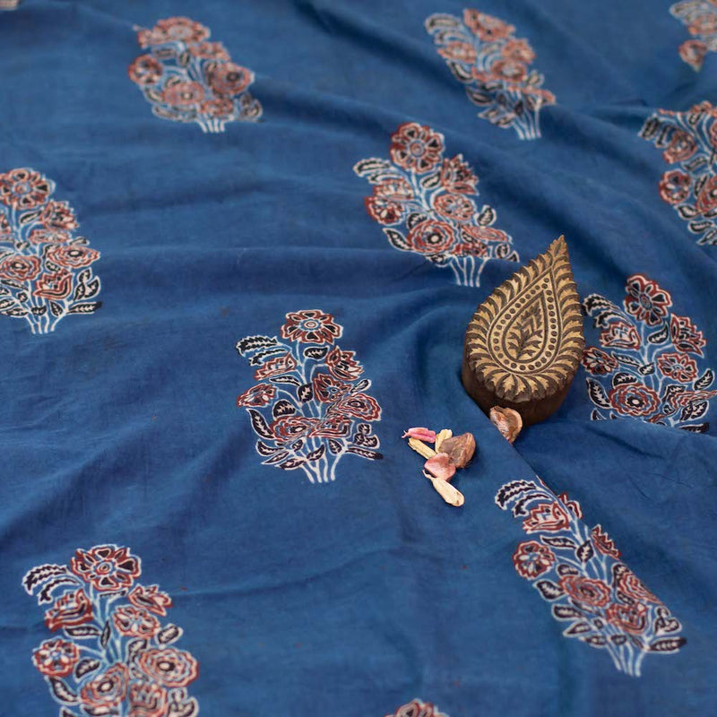 Indigo Guldasta Ajrakh Hand Block Printed Cotton Fabric