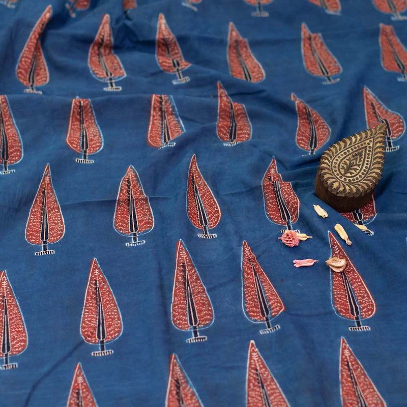 Indigo Pine leaf Ajrakh Hand Block Printed Cotton Fabric