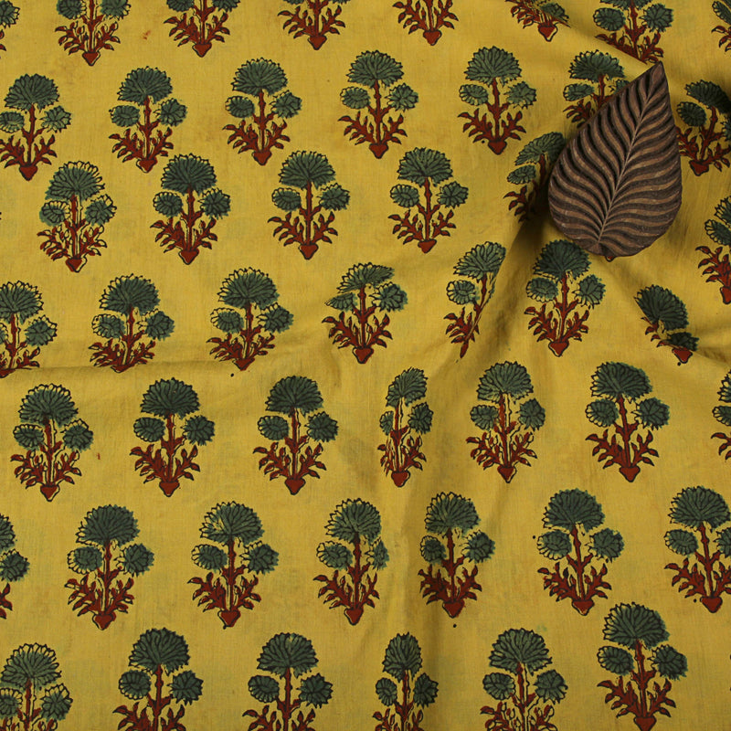 Natural Dyed Yellow Green Dahlia Ajrakh Cotton Fabric