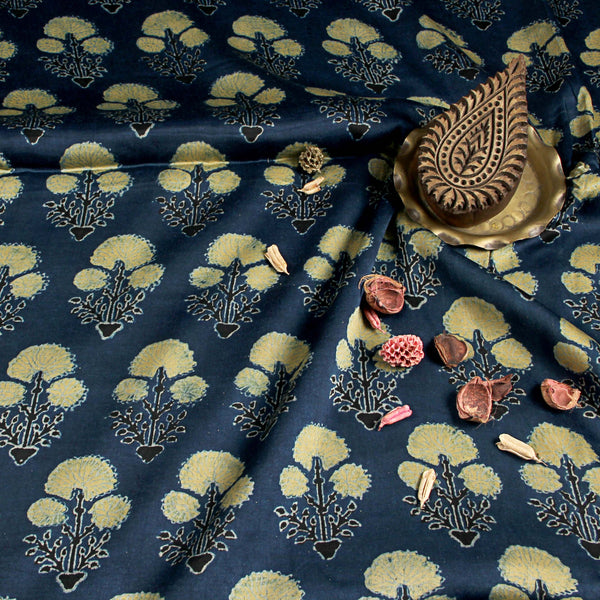 Henna-Indigo Dahlia Ajrakh Modal Silk Natural Dyed Block Print Fabric