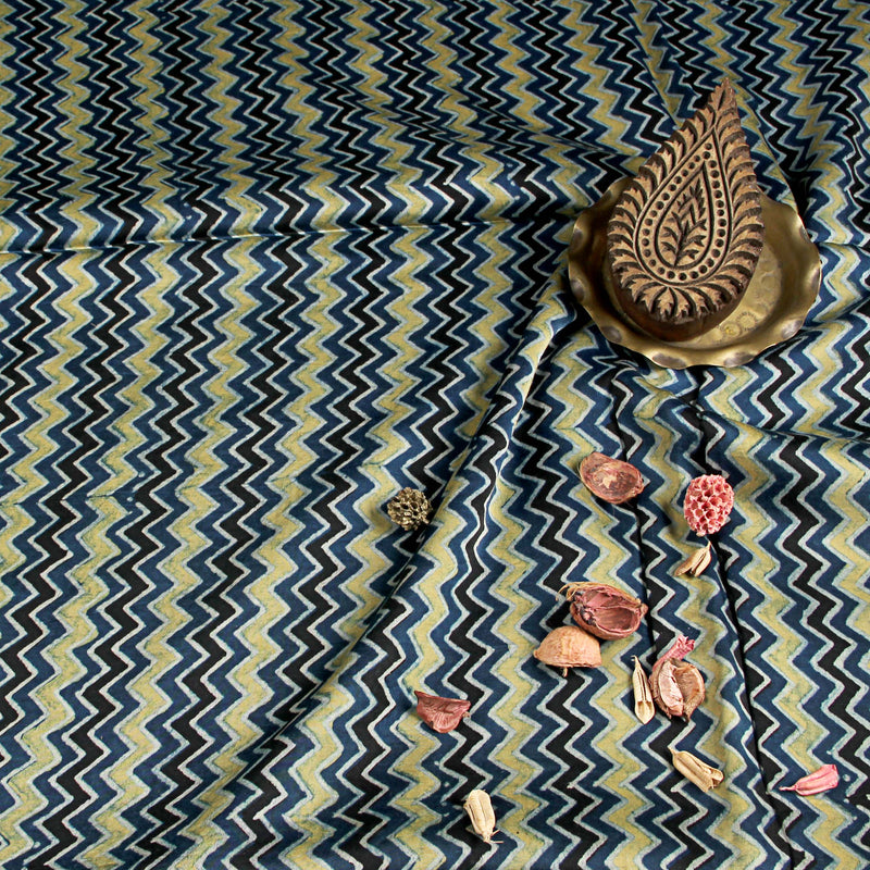 Natural Dyed Indigo Zigzag Modal Silk Ajrakh Hand Block Print Fabric