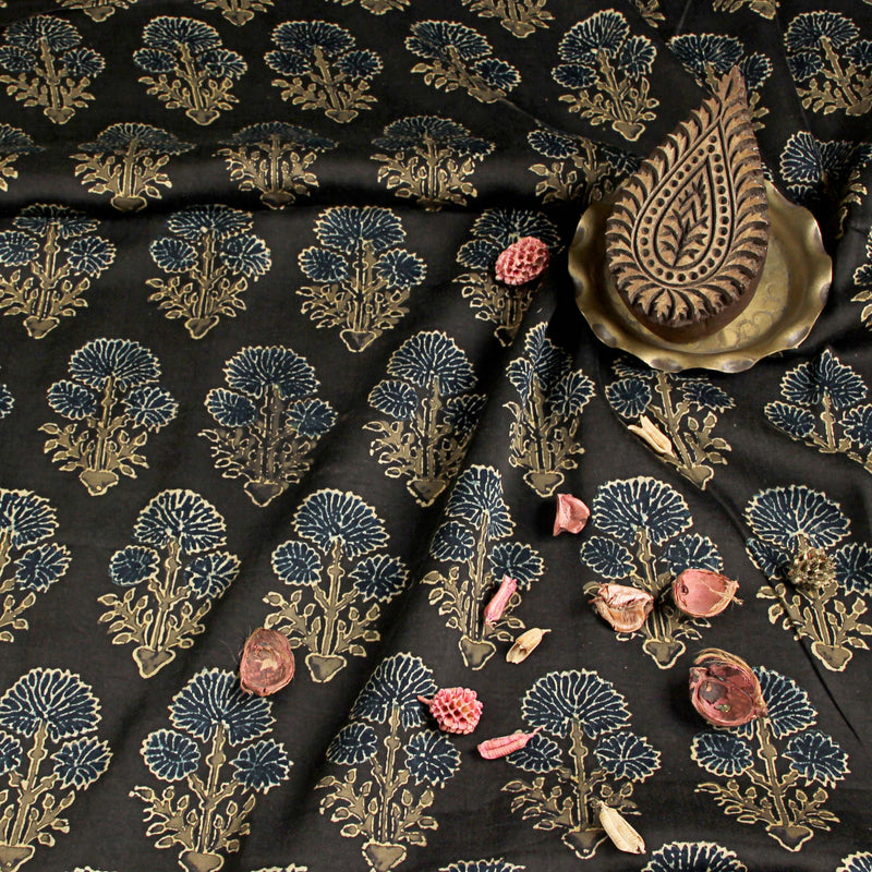 Midnight Dahlia Ajrakh Modal Silk Natural Dyed Block Print Fabric