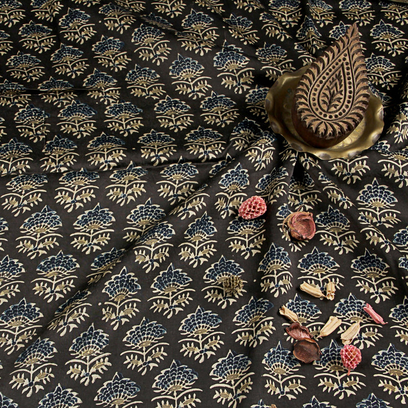 Midnight Taaj Butti Ajrakh Modal Silk Natural Dyed Block Print Fabric
